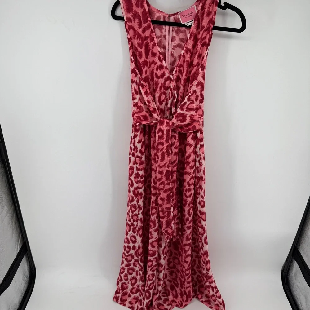 Kate Spade Pink Leopard Print V-Neck Tie Front Midi Dress XS Sleeveless NJMUA674
